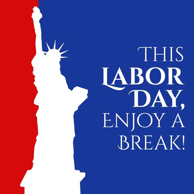 Digital image of white silhouette of statue of liberty with labor day text, copy space. Holiday, honor and recognize the american labor movement, celebration, appreciation of work and contribution.
