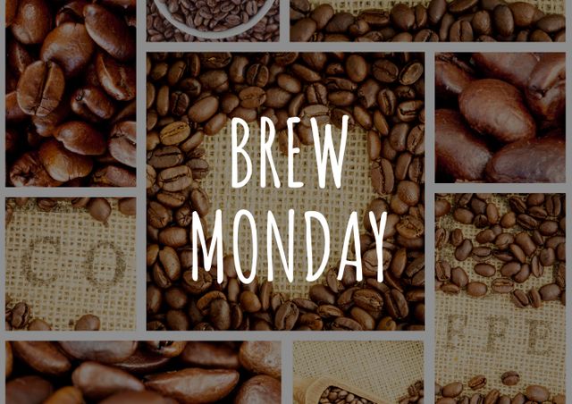 Collage of coffee beans with brew monday text. brew monday, communication, food and vector concept.