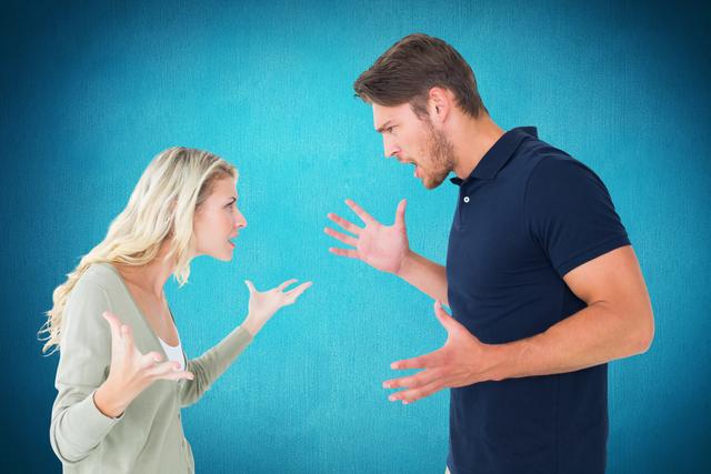 Angry couple arguing against blue background - Download Free Stock Photos Pikwizard.com