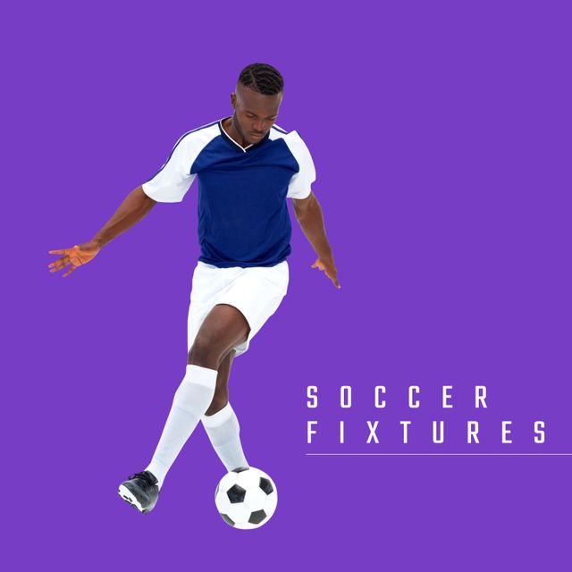 Composition of soccer fixtures text over african american male football player with ball. Football, soccer, sports and competition concept.