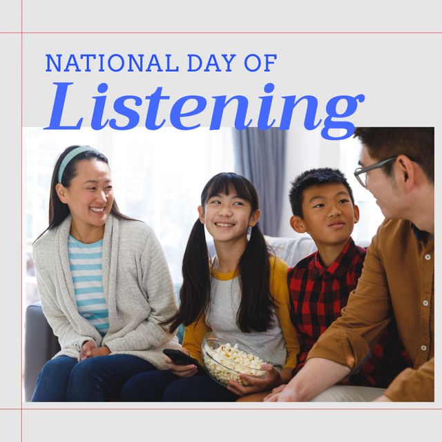 Composition of national day of listening text over asian family smiling. National day of listening and celebration concept digitally generated image.