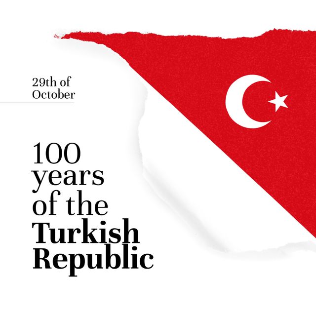 Composition of turkey republic day text with flag of turkey on white background. Turkey republic day and celebration concept digitally generated image.