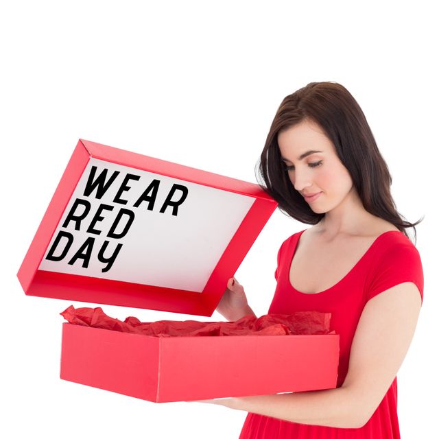 Composition of wear red day text with caucasian woman holding box on white background. Celebration, templates and background concept digitally generated image.