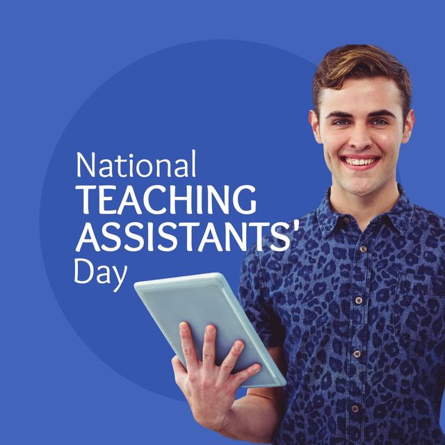 Image of happy caucasian man with tablet and national teaching assistants day on blue background - Download Free Stock Templates Pikwizard.com