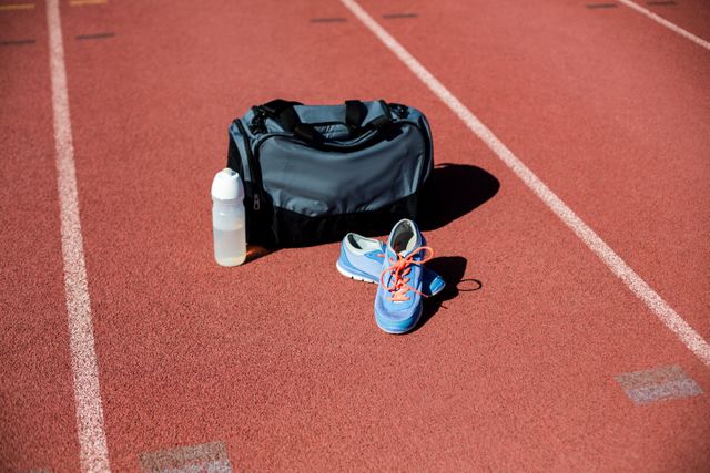 Sports bag, shoes and a water bottle kept on a running track - Download Free Stock Photos Pikwizard.com