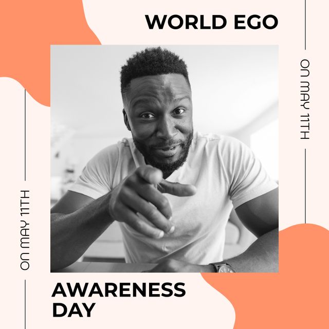 Composition of world ego awareness day text and smiling african american man. World ego awareness day and happiness concept digitally generated image.