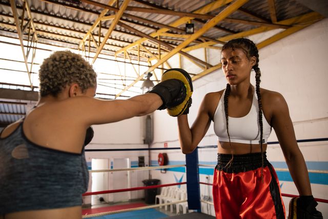 Two mixed race women helping each other training in boxing ring - Download Free Stock Photos Pikwizard.com