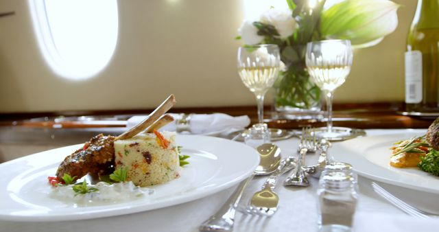 Food and drink served on a table in private jet 4k - Download Free Stock Photos Pikwizard.com