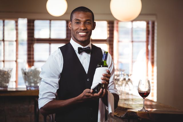 Portrait of bartender holding a wine bottle- Download Free Stock Photos Pikwizard.com