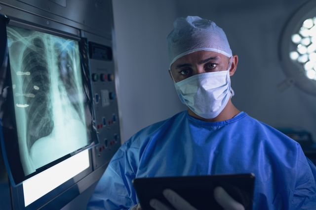Male surgeon examining x-ray report on digital tablet in operating room - Download Free Stock Photos Pikwizard.com