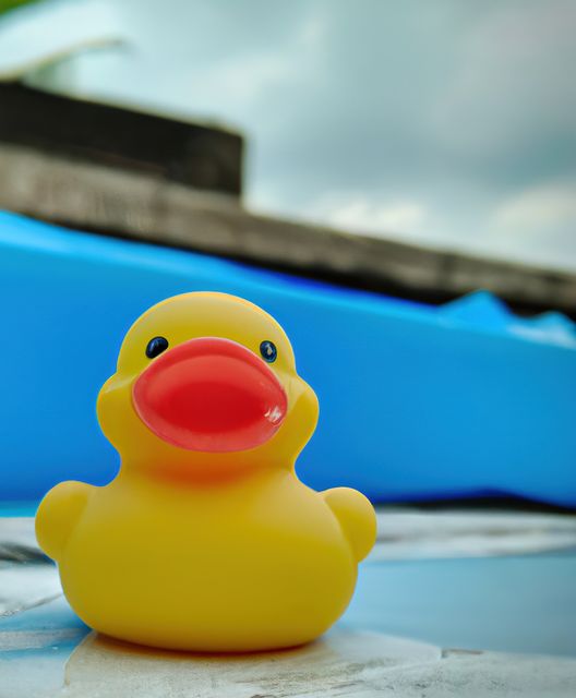 Close up of yellow rubber duck on blurred background created using generative ai technology. Toy, material and animals concept, digitally generated image.