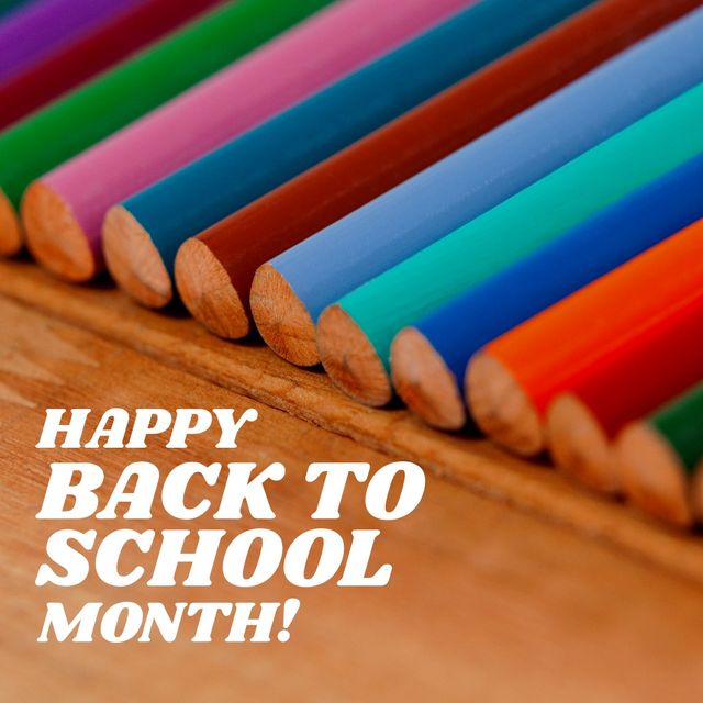 Digital composite of colored pencils with happy back to school month text on wooden table. art, school supplies, stationery, education and school concept.
