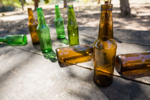 Empty beer bottles on a wooden plank in the park