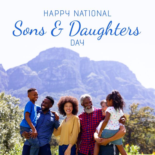 Digital image of happy african american multi-generation family with sons and daughters day text. Digital composite, celebration, family, togetherness, love, enjoyment.