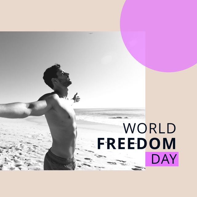 Image of freedom day over relaxed caucasian man on beach in black and white. Freedom, holidays and vacation concept.