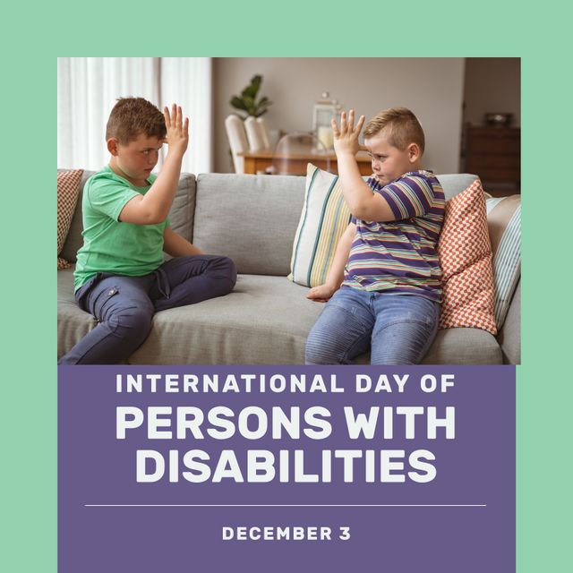 Composition of international day of persons with disabilities text over caucasian boys. Day of persons with disabilities concept digitally generated image.