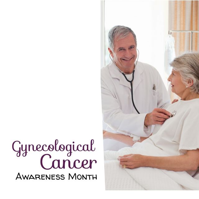 Portrait of caucasian smiling doctor examining patient and gynecological cancer awareness month text. Composite, hospital, medical, cervical cancer, awareness, support, healthcare and prevention.