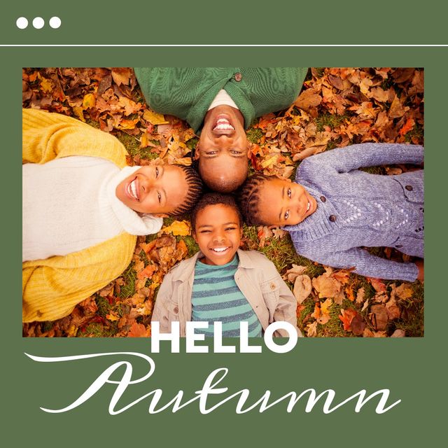 Portrait of happy african american parents and children lying on maple leaves and hello autumn text. Digital composite, family, love, togetherness, childhood, greeting autumn season, nature concept.
