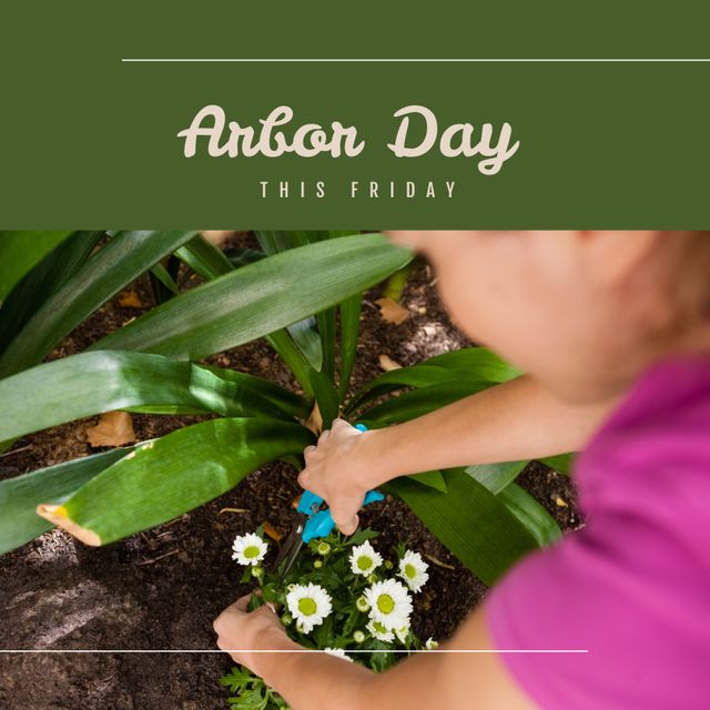 Composition of arbor day text over caucasian girl working in garden. Arbor day, nature and celebration concept digitally generated image.