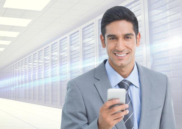Digital composite image of businessman using mobile phone in server room