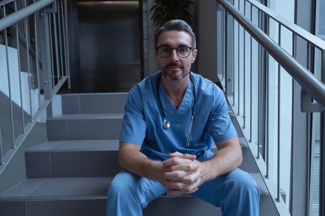 Front view of mature male surgeon looking at camera while sitting on stairs at hospital