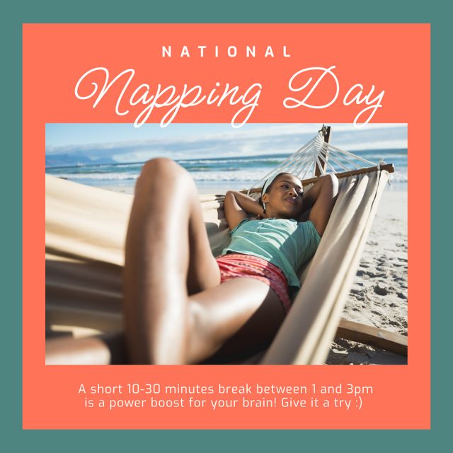 Image of national napping day text over happy african american woman lying in hammock at beach. National napping day and celebration concept digitally generated image.