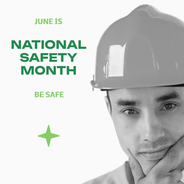 Composition of national safety month text over caucasian man wearing safety helmet. National safety month, safety at workplace and health and safety concept digitally generated image.