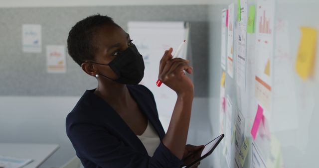 African american businesswoman wearing face mask, thinking and making notes on whiteboard. independent creative business at a modern office during coronavirus covid 19 pandemic.
