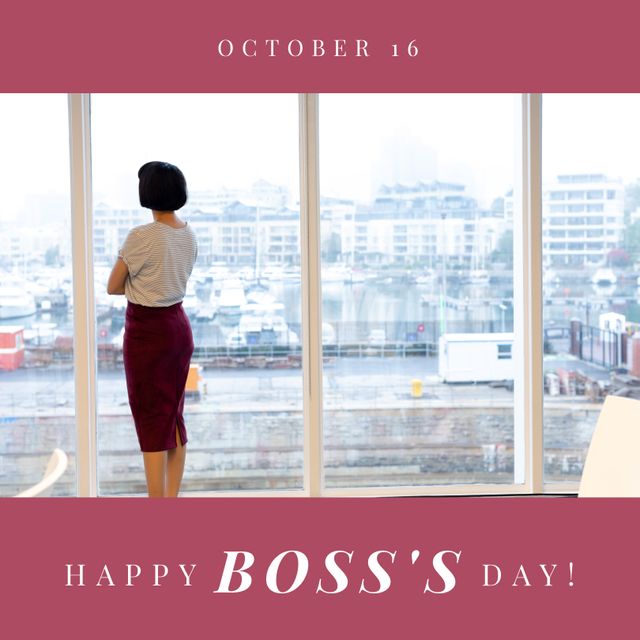 Image of happy boss day over back view of caucasian woman looking outside window in office. Business, work and boss day concept.