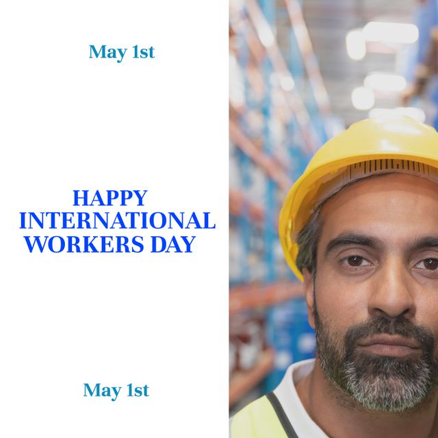 Composition of international workers day text and biracial man working in warehouse. International workers day, shipping and business concept digitally generated image.