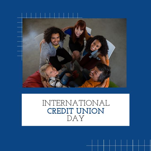High angle portrait of happy multiracial people huddling with international credit union day text. Digital composite, raise awareness, importance of credit unions, celebration, financial health.