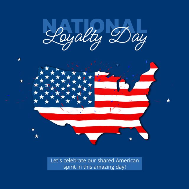 Composition of national loyalty day text over map with flag of usa on blue background. Loyalty day concept digitally generated image.