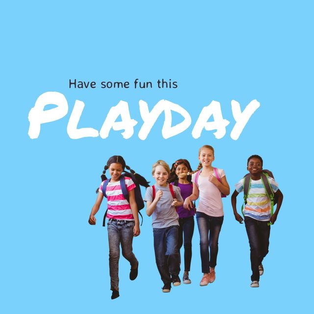Composite of playday text with smiling multiracial girls and boys running over blue background. national day, copy space, celebration, childhood, playful, campaign.