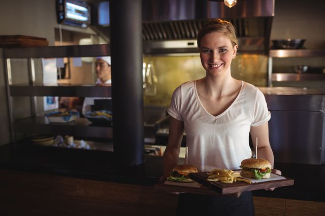 Beautiful woman holding burger and french fries in a tray at restaurant - Download Free Stock Photos Pikwizard.com
