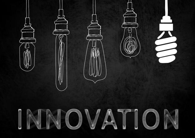 Text innovation and various light bulbs hanging on black chalkboard - Download Free Stock Photos Pikwizard.com