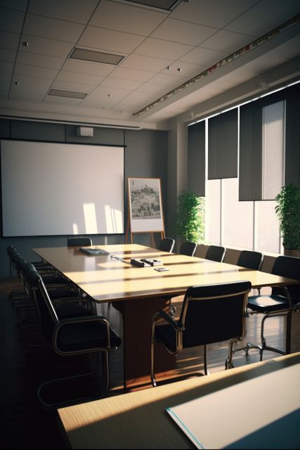 Empty conference room with table over board in office, created using generative ai technology. Business, finances and office concept.
