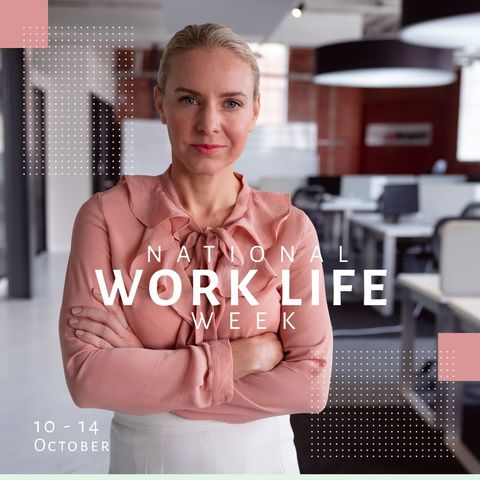 Image of national work life week over caucasian woman in office. Business and work life balance concept.