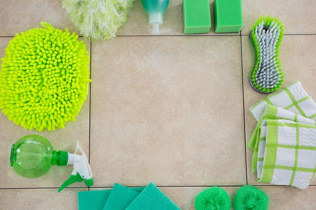 Overhead view of green cleaning products arranged floor - Download Free Stock Photos Pikwizard.com