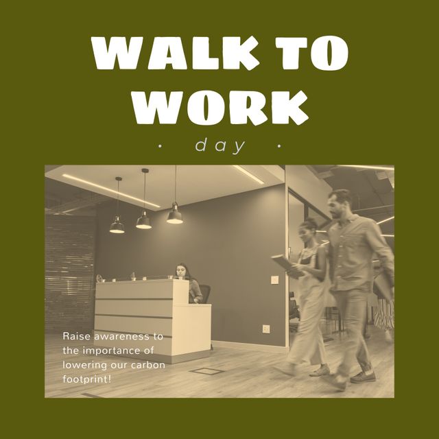 Image of walk to work day text over diverse business people walking. Walk to work day and celebration concept digitally generated image.