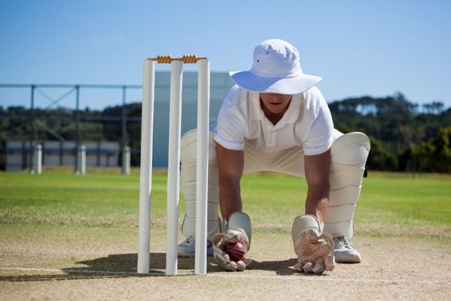 Wicketkeeper holding ball behind stumps against blue sky - Download Free Stock Photos Pikwizard.com