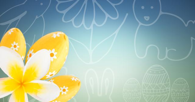 Yellow flower and eggs against blue green easter pattern - Download Free Stock Photos Pikwizard.com