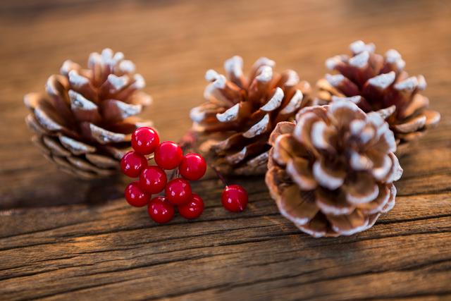 Pine cone with fake snow and cherry on wooden plank - Download Free Stock Photos Pikwizard.com