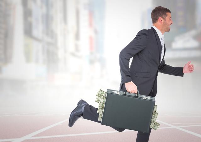 Business man on track with money sticking out of briefcase against blurry city with white overlay - Download Free Stock Photos Pikwizard.com