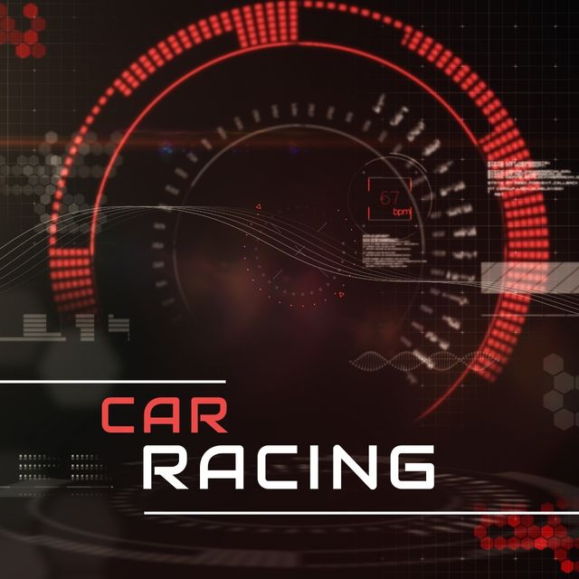 Digitally generated image of car racing text with speedometer, copy space. illustration, monaco grand prix, formula one motor racing, racing event, circuit race.