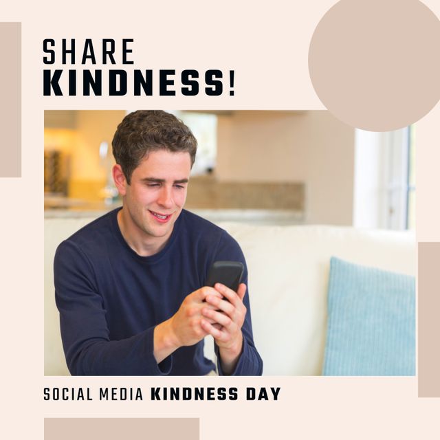 Composition of share kindness and social media kindness day text over caucasian man using smartphone. Social media kindness day and celebration concept digitally generated image.