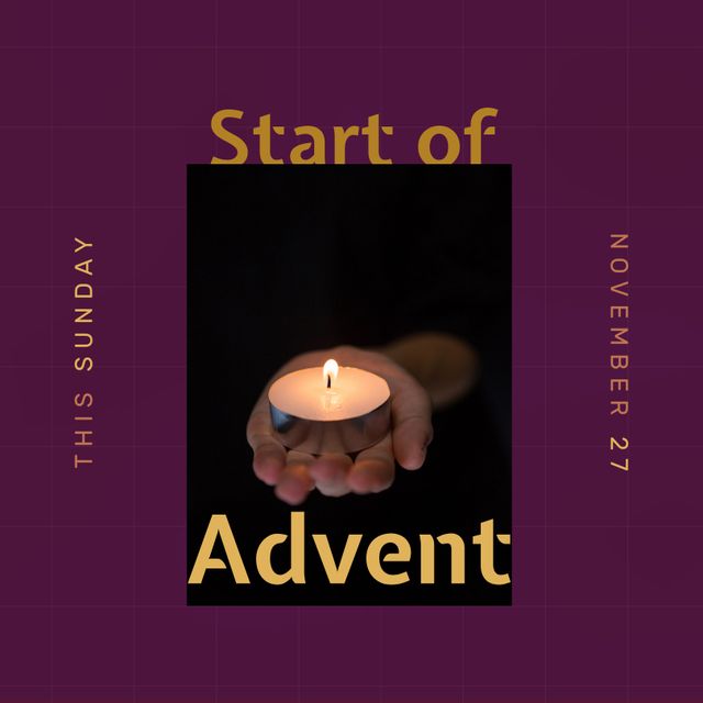 Composite of this sunday, start of advent, november 27 text and cropped hand holding candle. Copy space, christianity, candlelight, nativity, christmas, celebration, tradition and holiday concept.