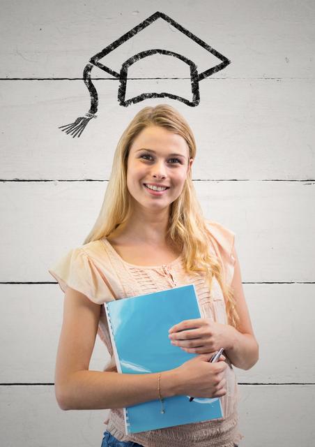 Woman with graduation capholding file against wall - Download Free Stock Photos Pikwizard.com