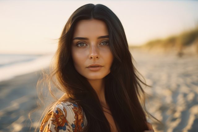 Portrait of beautiful caucasian woman on beach in summer, created using generative ai technology. Portrait, feminine beauty and summer concept digitally generated image.