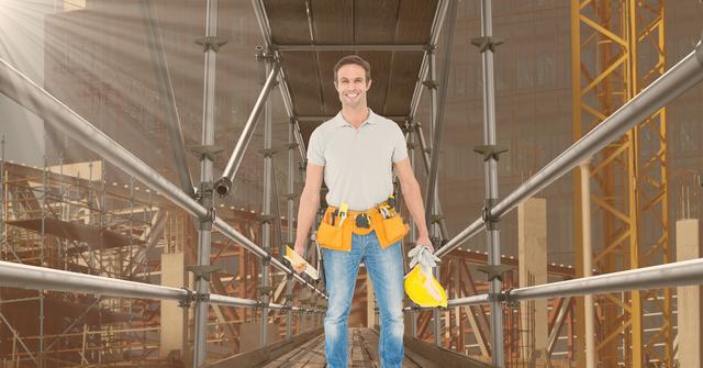 Happy builder with the hat on his hand in a 3D scaffolding - Download Free Stock Photos Pikwizard.com