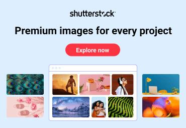 A vibrant promotional interface with electric blue and violet text, featuring dynamic graphics promoting Shutterstock's free trial offer for 10 downloadable assets.